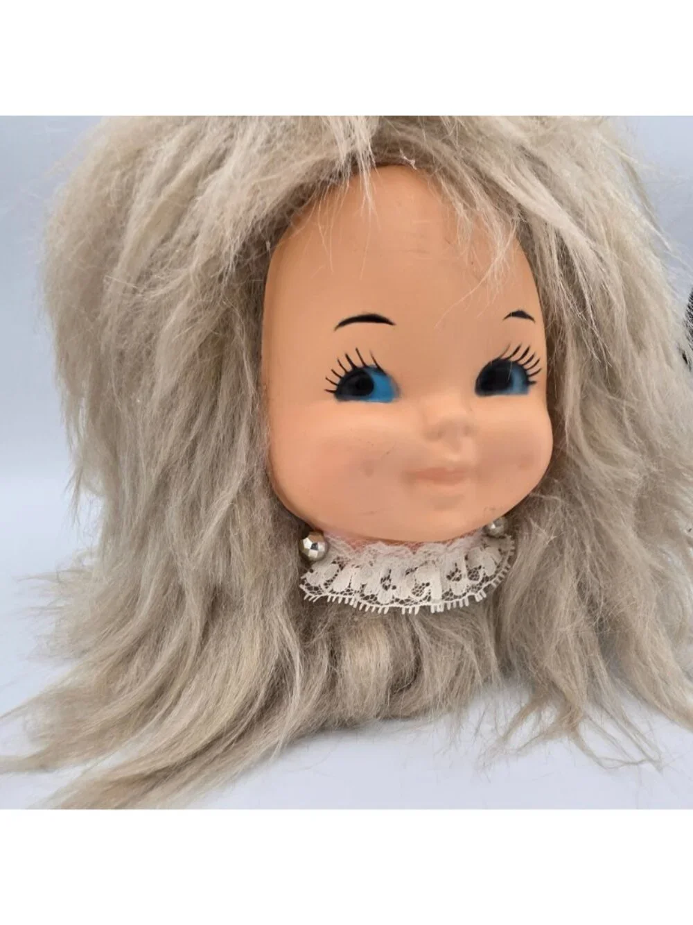 Vintage Baby Doll Head Tissue Box Cover Vintage Blond Hair Earrings Lace